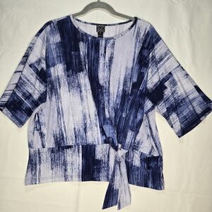 Clara Sun Woo Womens PL Tie-Front Blouse Top Blue/White Abstract Dolman Sleeve